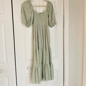 OPT Green striped midi dress, balloon sleeve, on or off shoulder, smocked chest